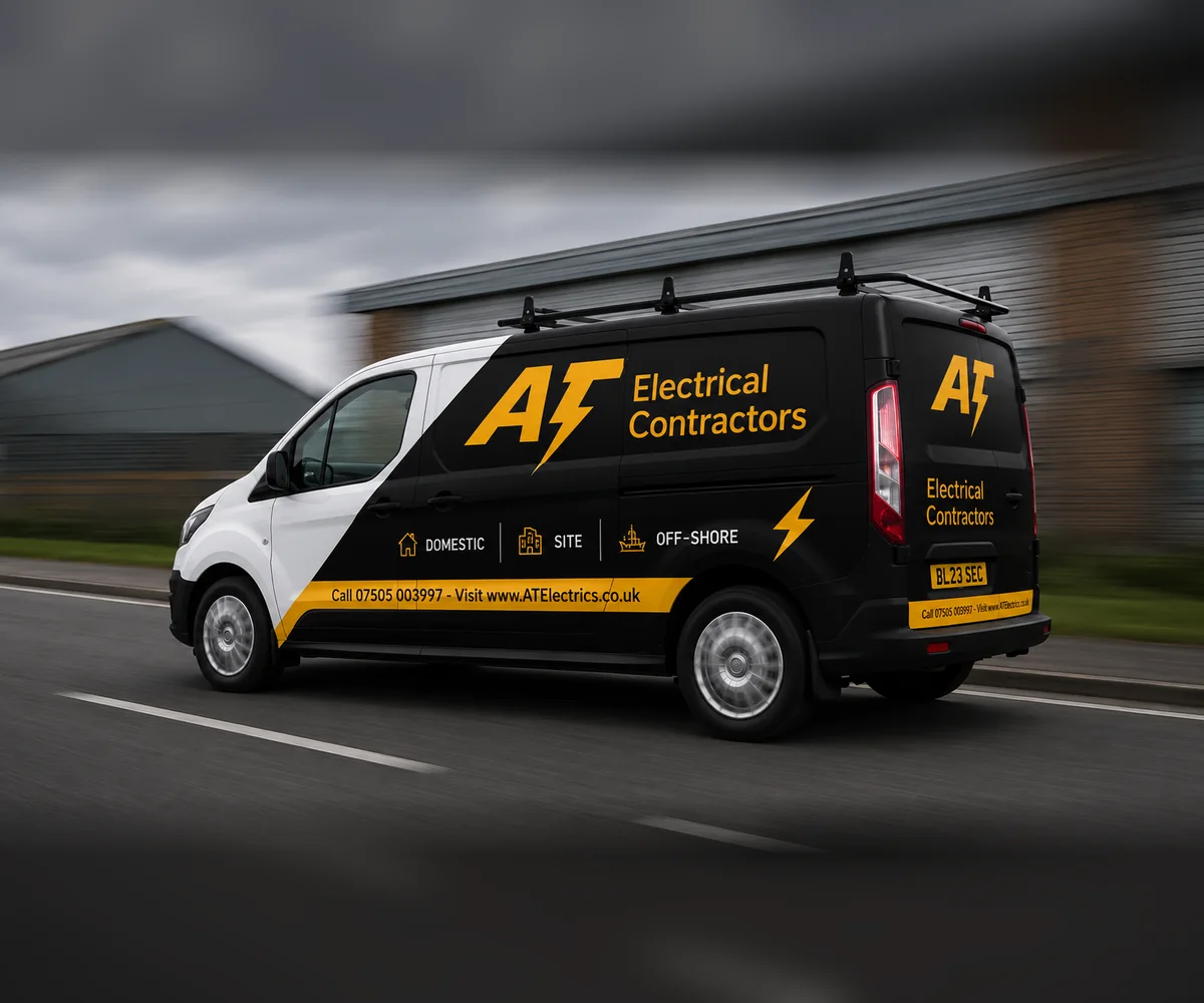 AT Electrical Contractors branded van showing domestic, commercial and off-shore electrical services