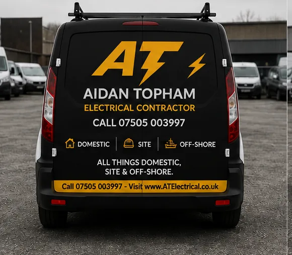 AT Electrical Contractors branded van, rear view